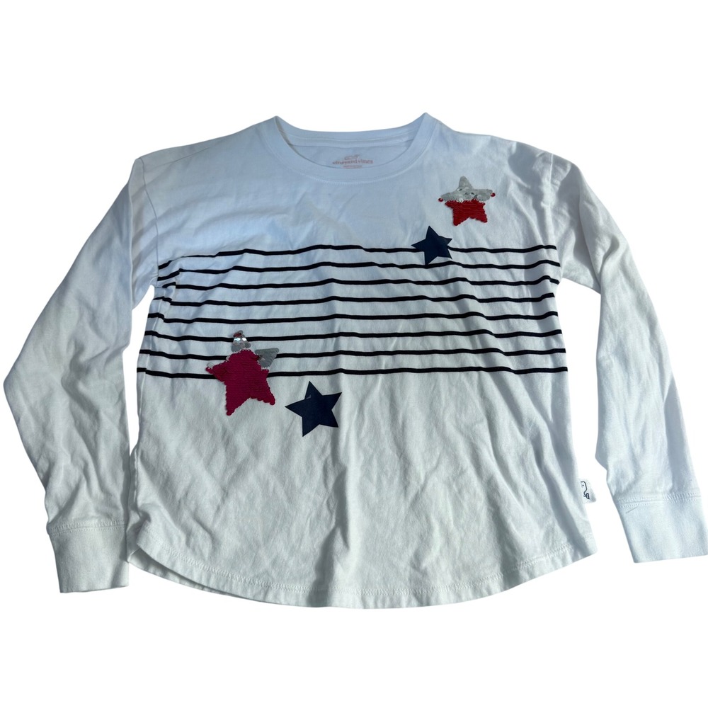 Vineyard Vines Girl White Striped Long Sleeve TShirt Flip Sequin Stars USA 10-12